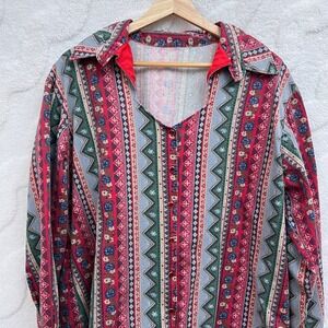 Vtg Button Down Shirt Aztec Tribal Bolo Cottagecore Floral Long Sleeve Red Green